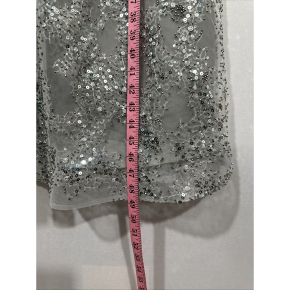 NWT $458 La Femme [ 10 ] 30002 Lace Beaded Short Midi A Line Dress Silver S2106 - Picture 7 of 13